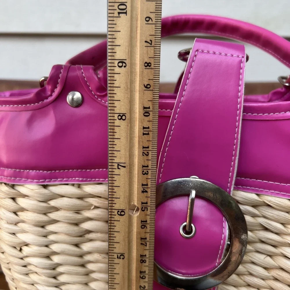 Pink Straw Satchel Bag Purse Tote Basket Bucket Retro Flower Lining Snap Flap